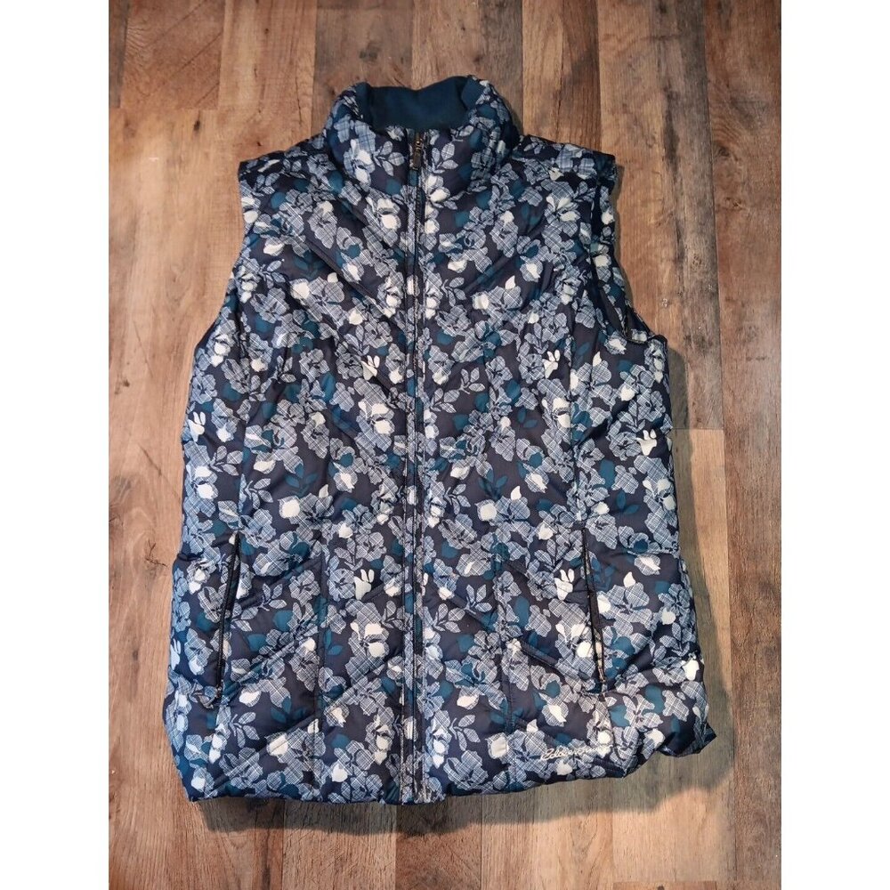 Eddie Bauer Vest Womens M Premium Goose‎ Down Puffer Blue Floral Insulated Quilt